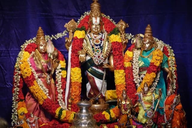 Sri Venkateswara Perumal at Sanjeevani Jeeyar A:sramam, magnificently garlanded with Sridevi and Bhudevi