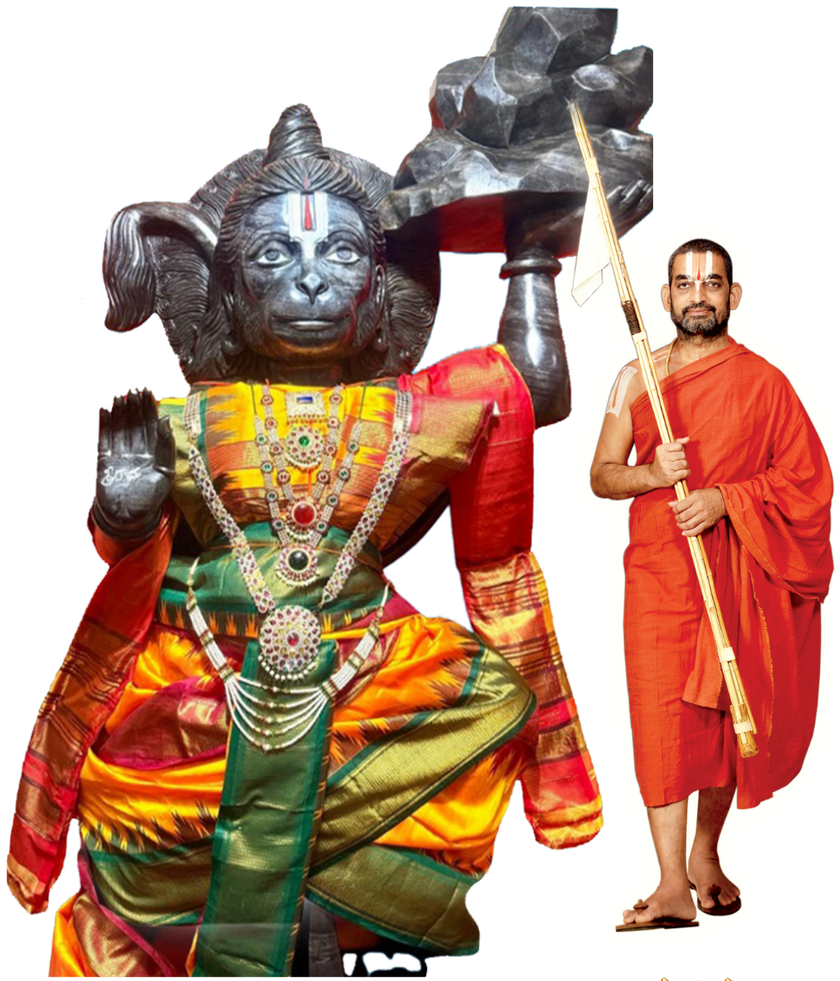 Sanjeevani Hanuman adorned in silks and garlands, with HH Sri Tridandi Chinna Jeeyar Swa:mi:ji